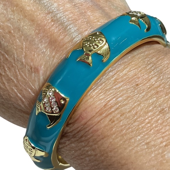 Jewelry - Talbots Gold Tone Aqua Enamel Rhinestone Angel Fish Hinged Bangle $38.50 MSRP
